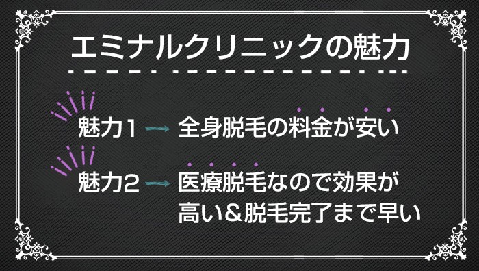 エミナルクリニックのイイところ（魅力）は2つ《全身脱毛の料金が安いこと》《脱毛効果が高いこと》