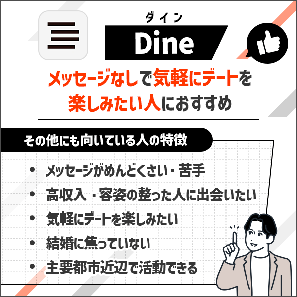 【結論】Dine（ダイン）はメッセージなしで気軽にデートを楽しみたい方におすすめ！