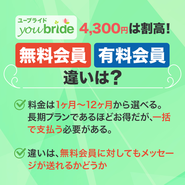 ユーブライドの料金は4,300円と割高｜無料会員と有料会員の違いは？